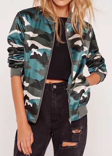 Satin Camo Bomber Jacket Khaki