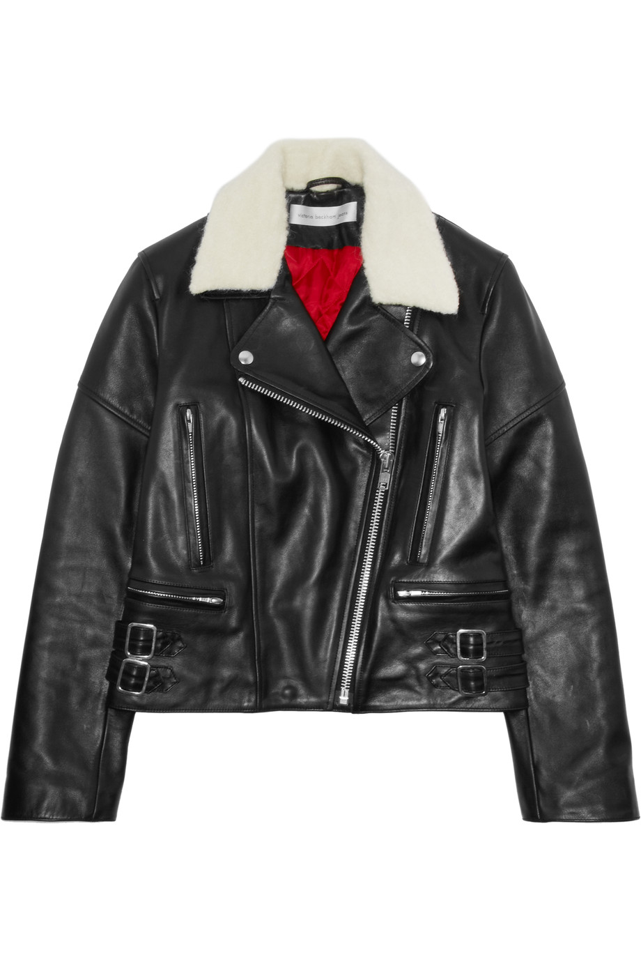 Victoria Beckham Denim Joan faux shearling-trimmed leather biker jacket