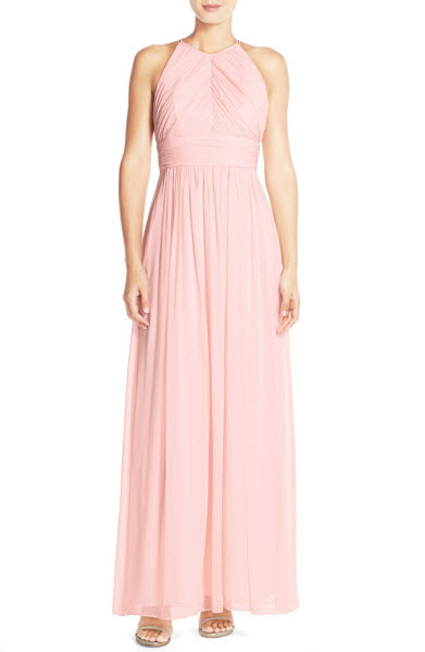 Dessy Collection Ruched Chiffon Open Back Halter Gown