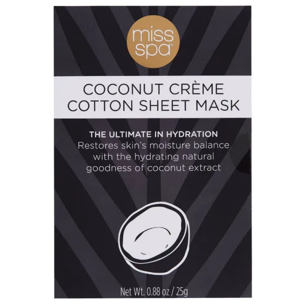 Coconut crème cotton sheet mask for hydration and nourishment.