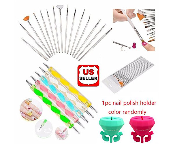 Glam Hobby 20pc Nail Art Manicure Pedicure Beauty Painting Polish Brush and Dotting Pen Tool Set for Natural, False, Acrylic and Gel Nails