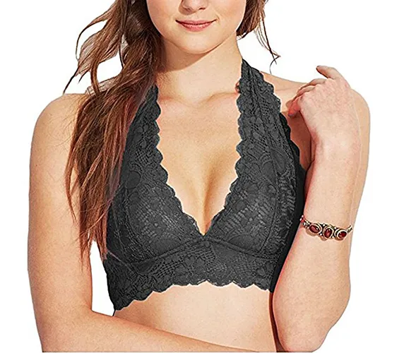 Floral Lace Halter Bra Bralette Sweat Fiber Lining Cute Unpadded Bamboo Top Sheer Bustier Crop Wireless Lingerie