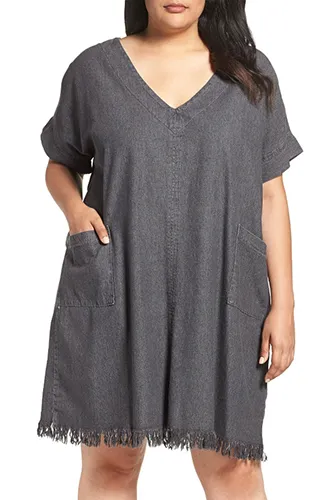 Frayed Hem Denim Shift Dress