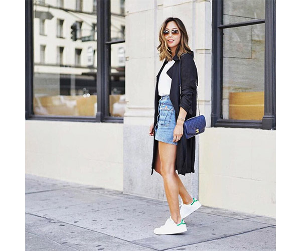 denim skirt and long coat