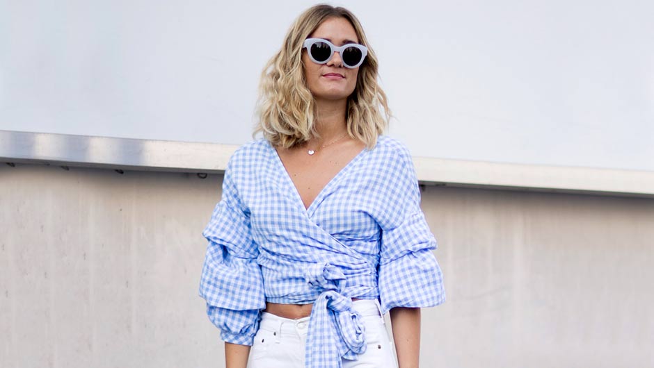 street style blue blouse crop top