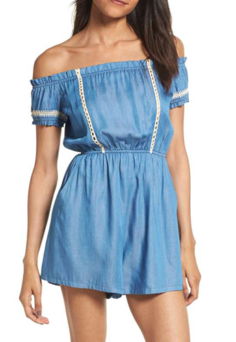 LUSH Chambray Off the Shoulder Romper