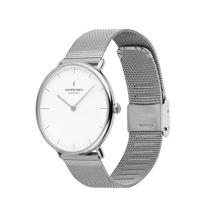Silver and white 36mm watch with mesh band.