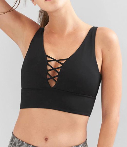 Low impact lattice-front sports bra