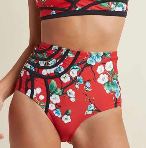 Set the Serene High-Waisted Swimsuit Bottom in Botanical Red