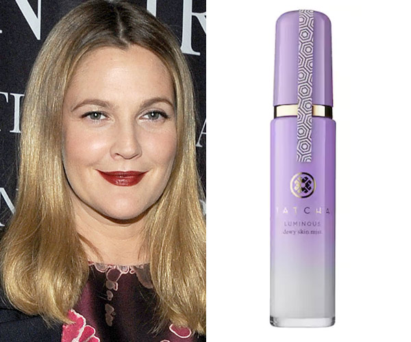 drew barrymore with tatcha hydrating mist