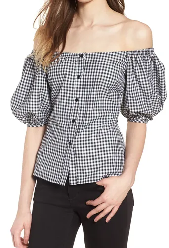 Buffalo check off-the-shoulder blouse for a stylish touch.
