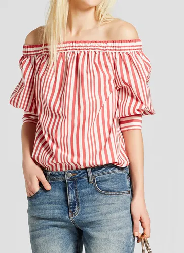 Menswear-inspired Bardot top with off-the-shoulder detail.