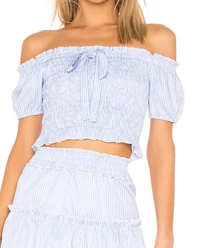 Off-the-shoulder smocked top for chic summer looks.