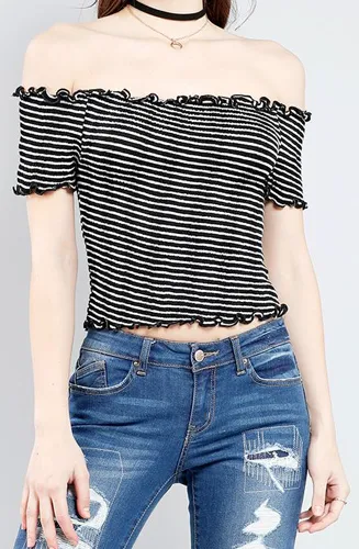 Smocked striped off-the-shoulder top for a bold look.