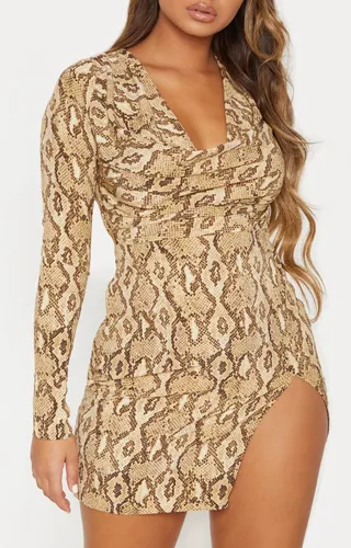 Elegant beige snake print bodycon dress with cowl neck.