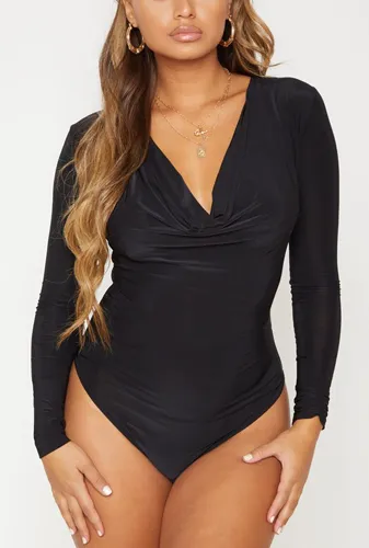 Stylish black long sleeve cowl neck bodysuit for modern looks.