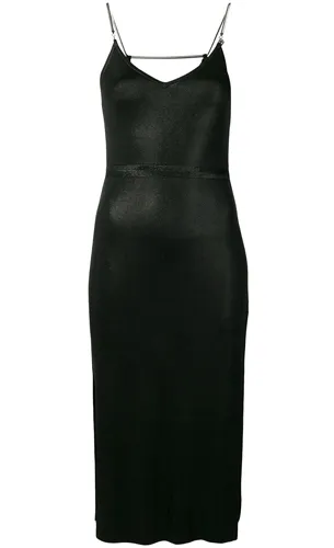 Metallic foil slip dress on a stylish model
