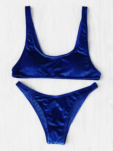"Romwe Scoop Neck High Leg Velvet Bikini Set"