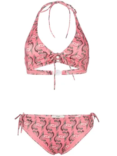 Trendy tied patterned bikini with vibrant colors and unique design.