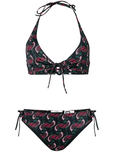 Stylish tied patterned bikini featuring eye-catching prints and shapes.