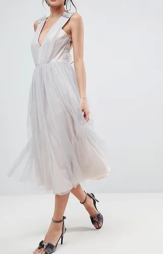ASOS tonal tulle midi dress with embellished cami straps