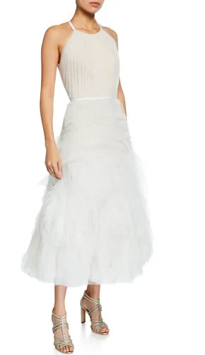 Halter neck textured tulle draped bodice tea-length gown