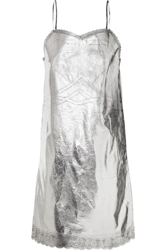 Stylish metallic lace-trimmed coated shell dress on display.