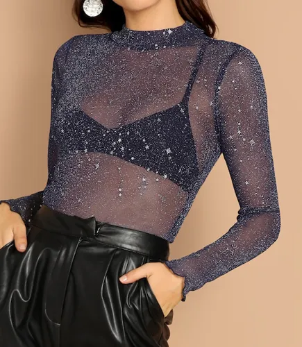 "SHEIN Mock-Neck Lettuce Hem Glitter Mesh Top"