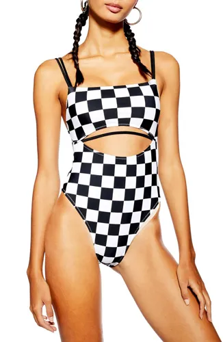 "Checkerboard one-piece swimsuit on display"