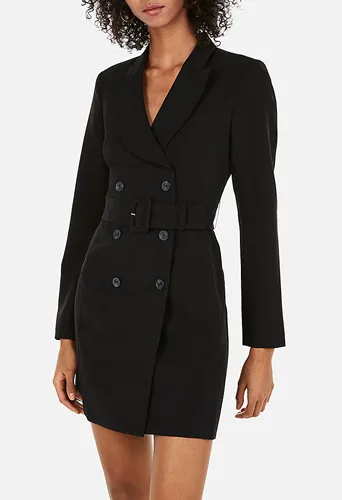 "Double-breasted belted suit dress"