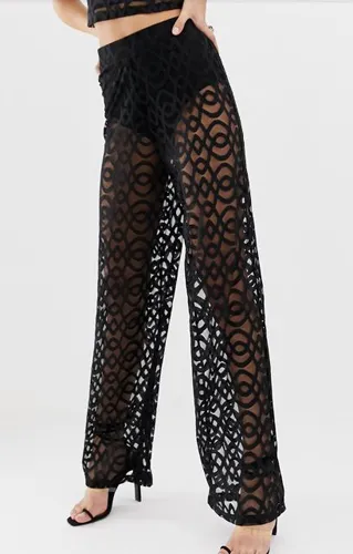 ASOS DESIGN sheer geo lace wide-leg pants on display