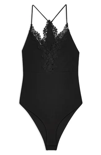 Lace Trim Strappy Rib Bodysuit offering a stylish silhouette.