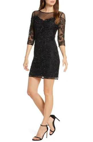 "Pisarro Nights Beaded Illusion Mesh Sheath Dress"