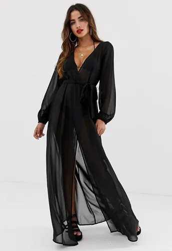 Black chiffon maxi beach kimono with long sleeves.