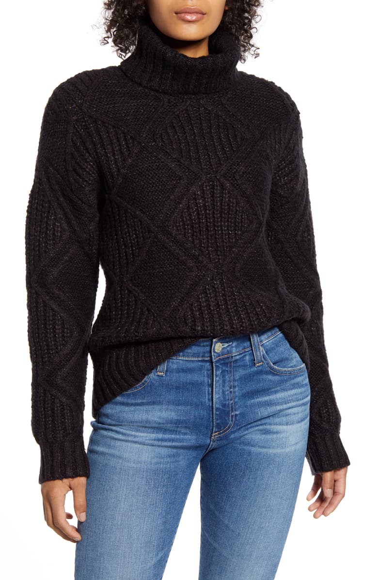 black cable knit turtleneck sweater