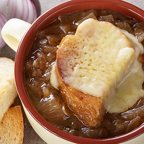 A bowl of French onion soup.