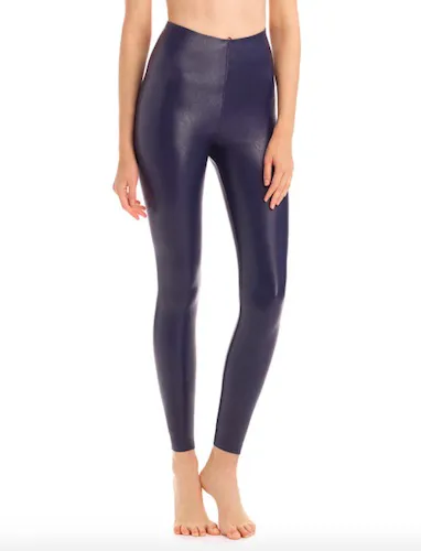 Navy faux leather leggings designed for a flattering silhouette