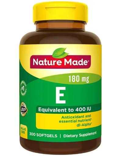 Vitamin E oil bottle for skincare and beauty benefits.