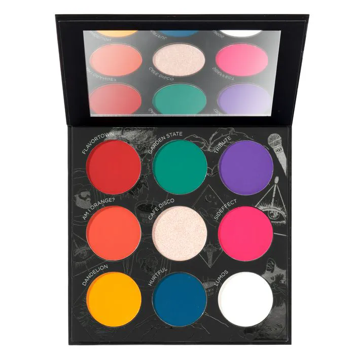 "Open view of PÜR x RawBeautyKristi eyeshadow palette - colorful side"