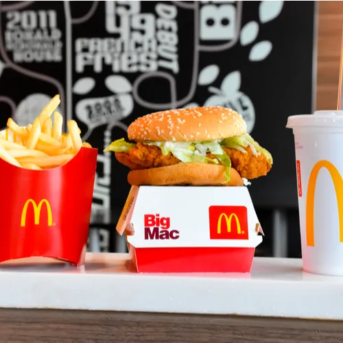 Delicious McDonald's chicken sandwich on a wooden table