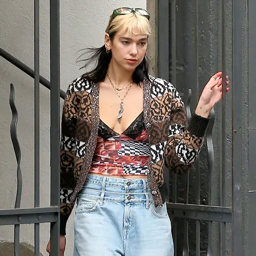 Dua Lipa in a glamorous outfit at a celebrity event.