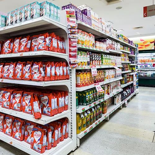 Packaged food items in a grocery store aisle