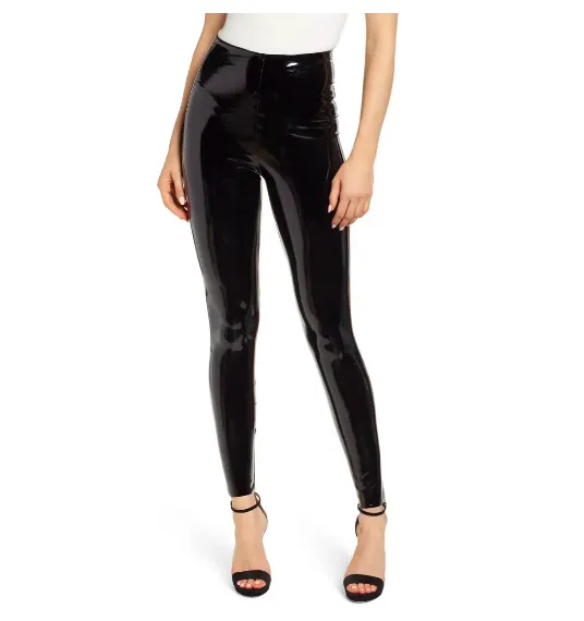 Control top faux patent leather leggings on a model.