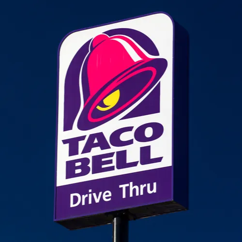 Iconic Taco Bell logo with colorful background.