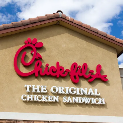 Classic Chick-fil-A chicken sandwich on a tray.
