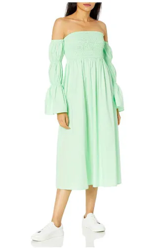 Off-the-shoulder tiered cotton midi dress with puff sleeves