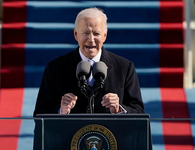 Joe Biden's inauguration ceremony with supporters in attendance.