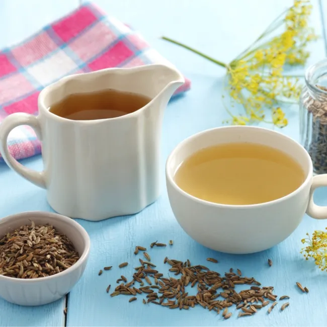 Fennel seed tea in a clear glass cup