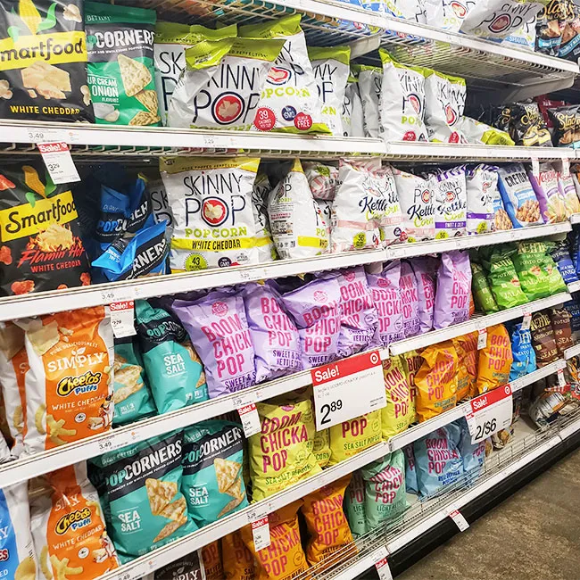 "Junk food snack aisle in a supermarket"