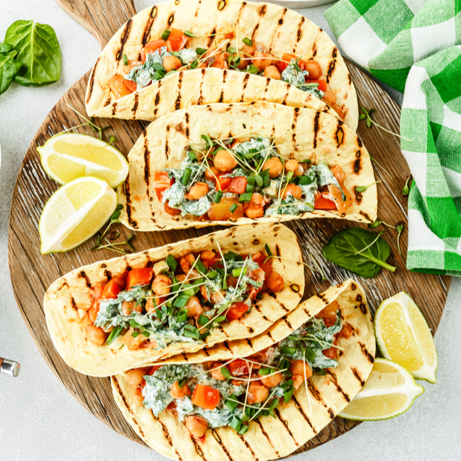 chickpeas and veggies in grilled tortillas